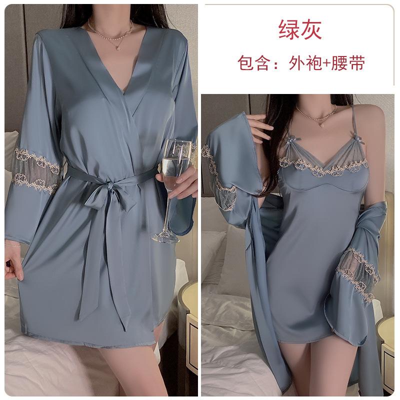 Women's Satin Sheer Mesh Fitted Backless Cami Sleep Dress with Robe Lounge Set