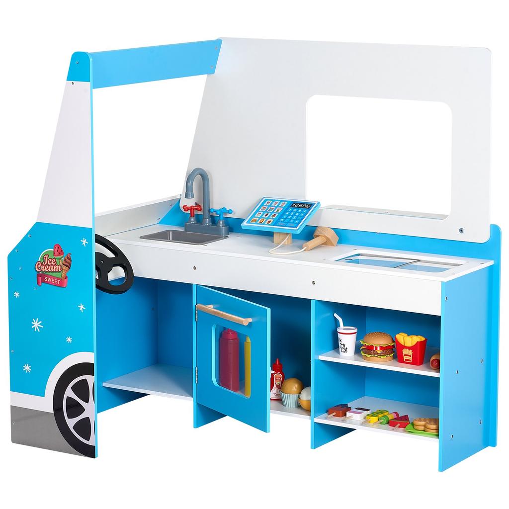 VEVOR Ice Cream Cart for Kids, 20+ PCS Ice Cream Truck Wooden Playset, Pretend Play Stand with Steering Wheel & Chalkboard