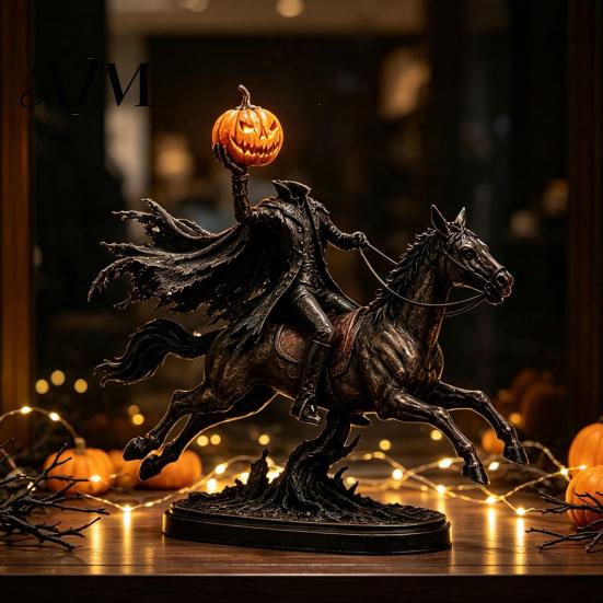 Gaming Room Shelf Accessory Halloween Knight On Horseback with Luminous Pumpkin Head Resin Figurine, Decorative Horse Statue Lighted Ornament for Home
