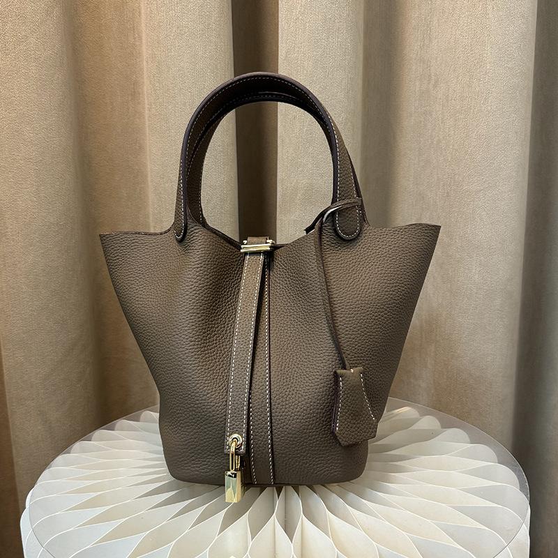 First Layer Cowhide Niche Handbag High Version Vegetable Basket Bag Genuine Leather Large Capacity High-end Sense Exquisite Bucket Bag
