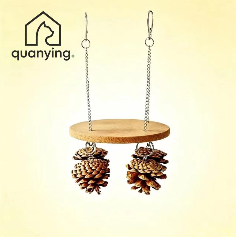 Natural Cork Pine Cone Parrot Swing Toy with Stainless Steel Hardware Hanging Wooden Perch Chew Stand Eases Anxiety for Budgie
