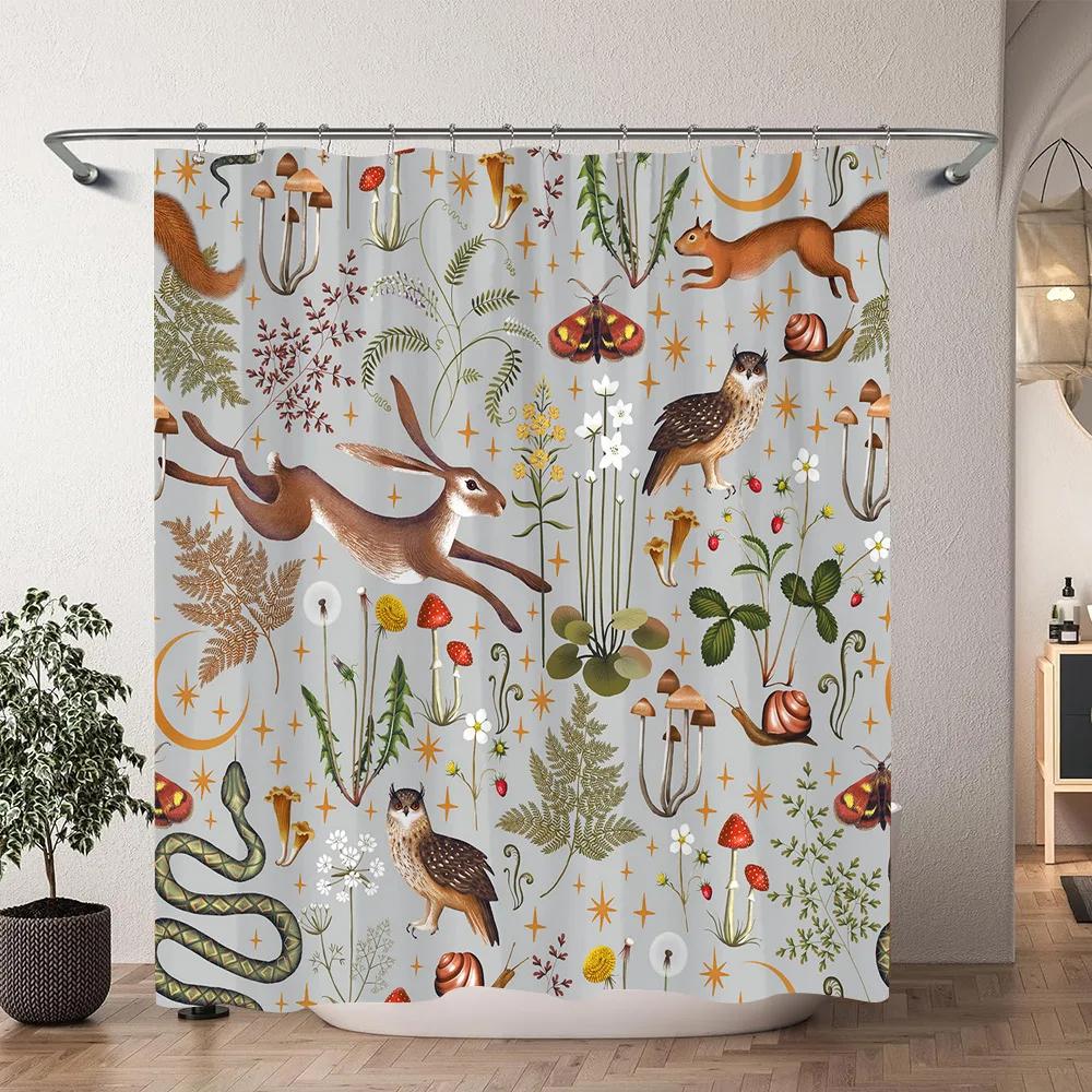 Tenda da doccia vintage a forma di fungo Foresta naturale Boho Farfalla Pianta Floreale Poliestere Tende da doccia Decorazione per il bagno Con ganci