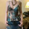 Retro ethnic style printed mesh skirt pendulum suspender temperament light and mature style V-neck waist and thin Spice Girl small vest