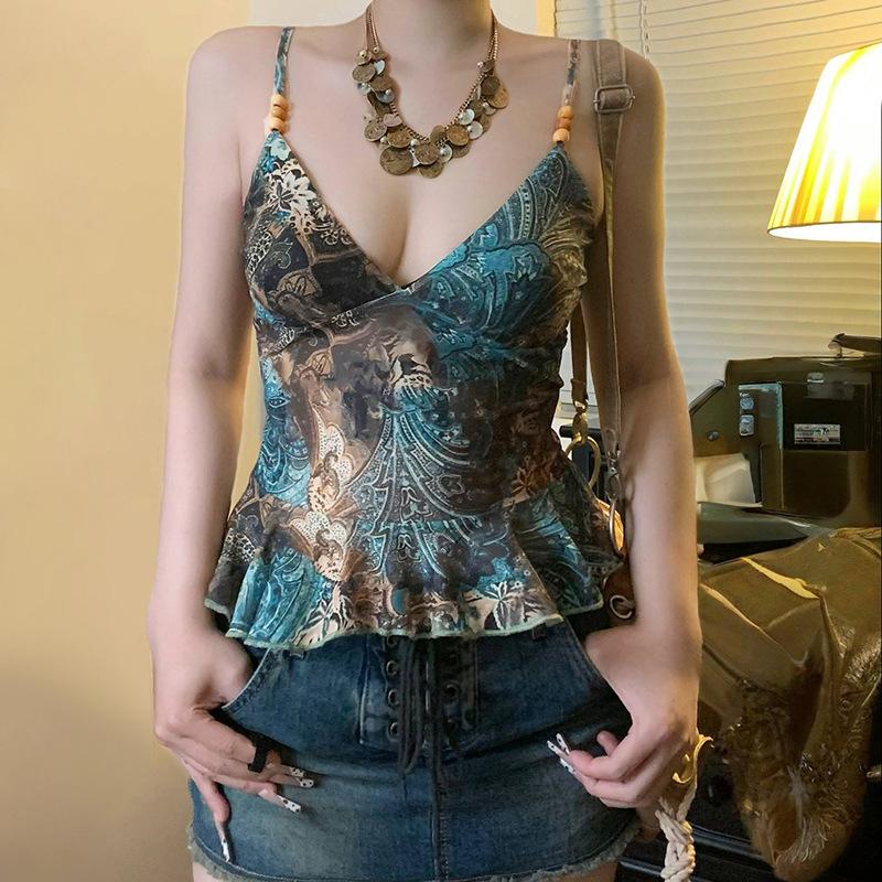 Retro ethnic style printed mesh skirt pendulum suspender temperament light and mature style V-neck waist and thin Spice Girl small vest