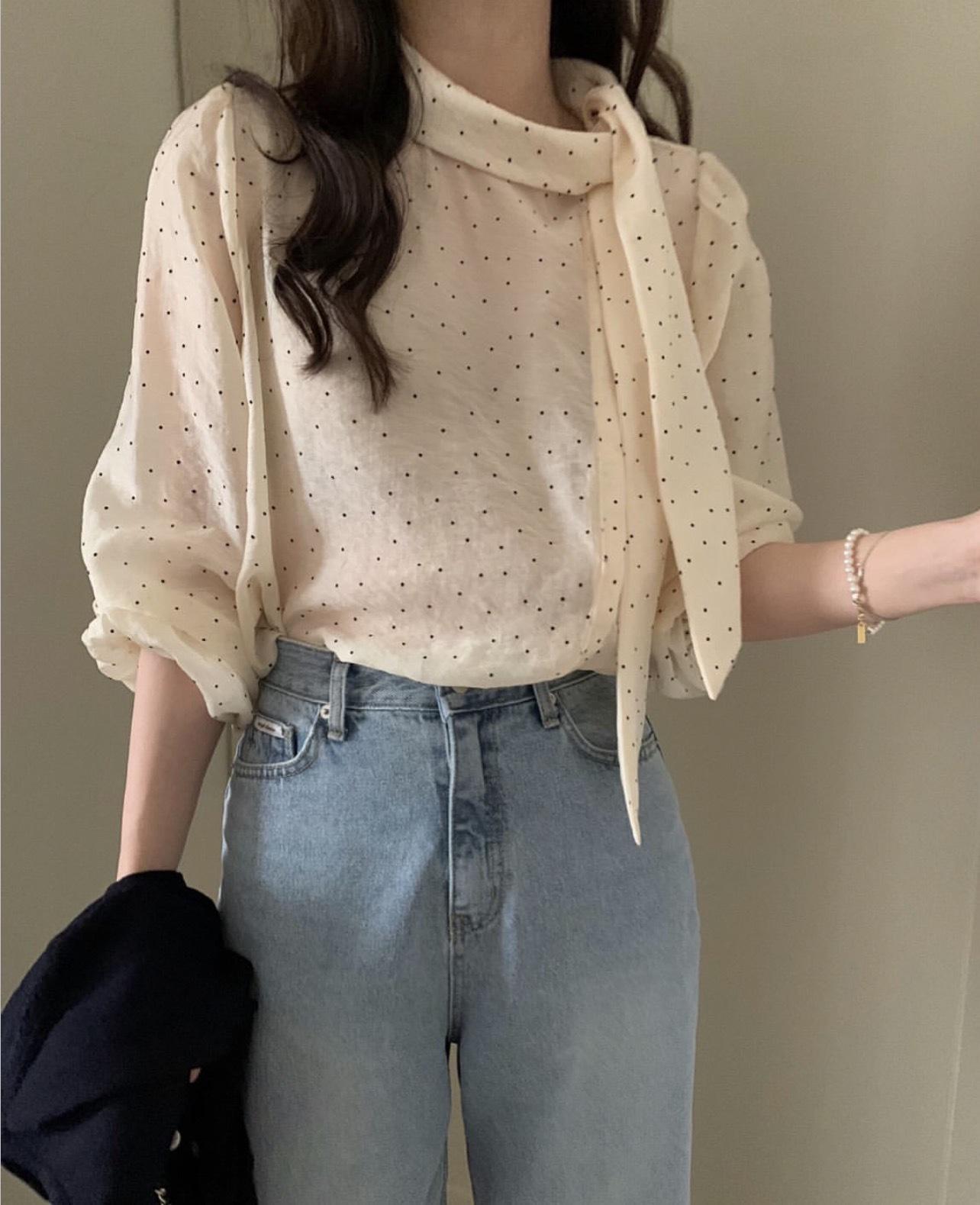 Korean Chic Polka Dot Ribbon Long Sleeve Shirt - Early Spring 2026 One Size