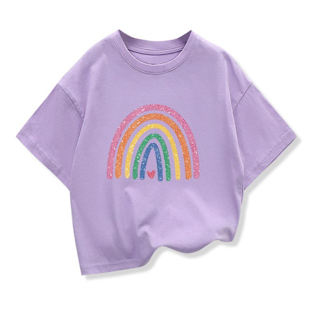 Baby Girl Summer White Clothes Kid Girls Casual Rainbow Printed T-shirts Children Fashion Crew Neck Short Sleeve Top