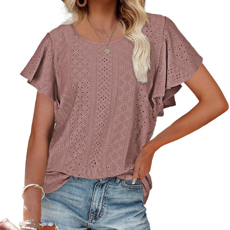

Summer new European and American women s clothing women s top hollow waist lotus leaf sleeve casual T-shirt 2XL