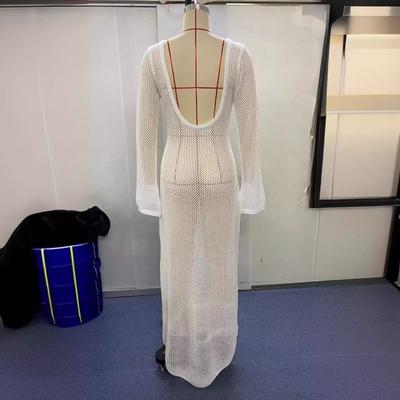 Damen Sommer Neues Strickkleid mit langen Ärmeln, rückenfrei, sexy, durchsichtig, bodenlang