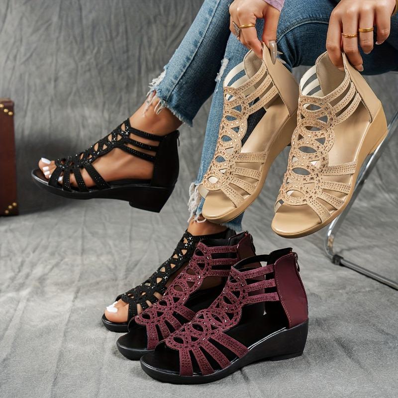 Elegant Women'S Sandals with Rhinestone Embellishments, Open-Toe Ankle Strap, Lightweight Comfortable Summer Shoes In Black & Beige