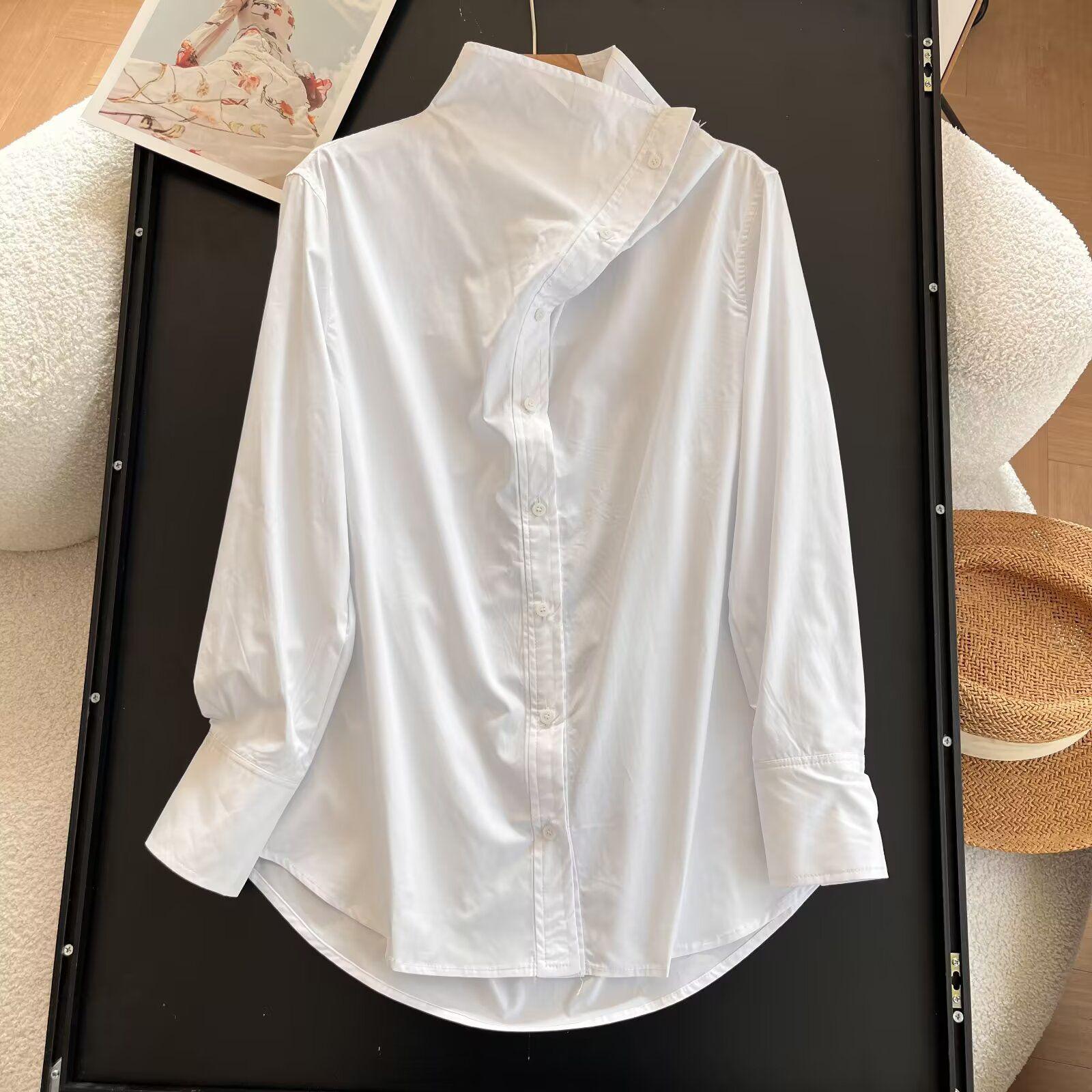 

Весенняя женская хлопковая блузка с высоким воротником и длинным рукавом 32