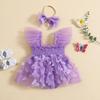 Infant Girl Romper Dress Butterfly Decor Fly Sleeve Ruched Mesh Skirt Hem Jumpsuits Newborn Clothes Baby Bodysuits with Headband