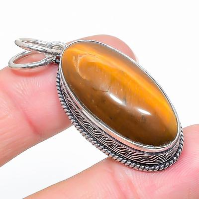 Natural Tiger Eye Gemstone Handmade 925 Sterling Silver Pendant 1.85" J5e52