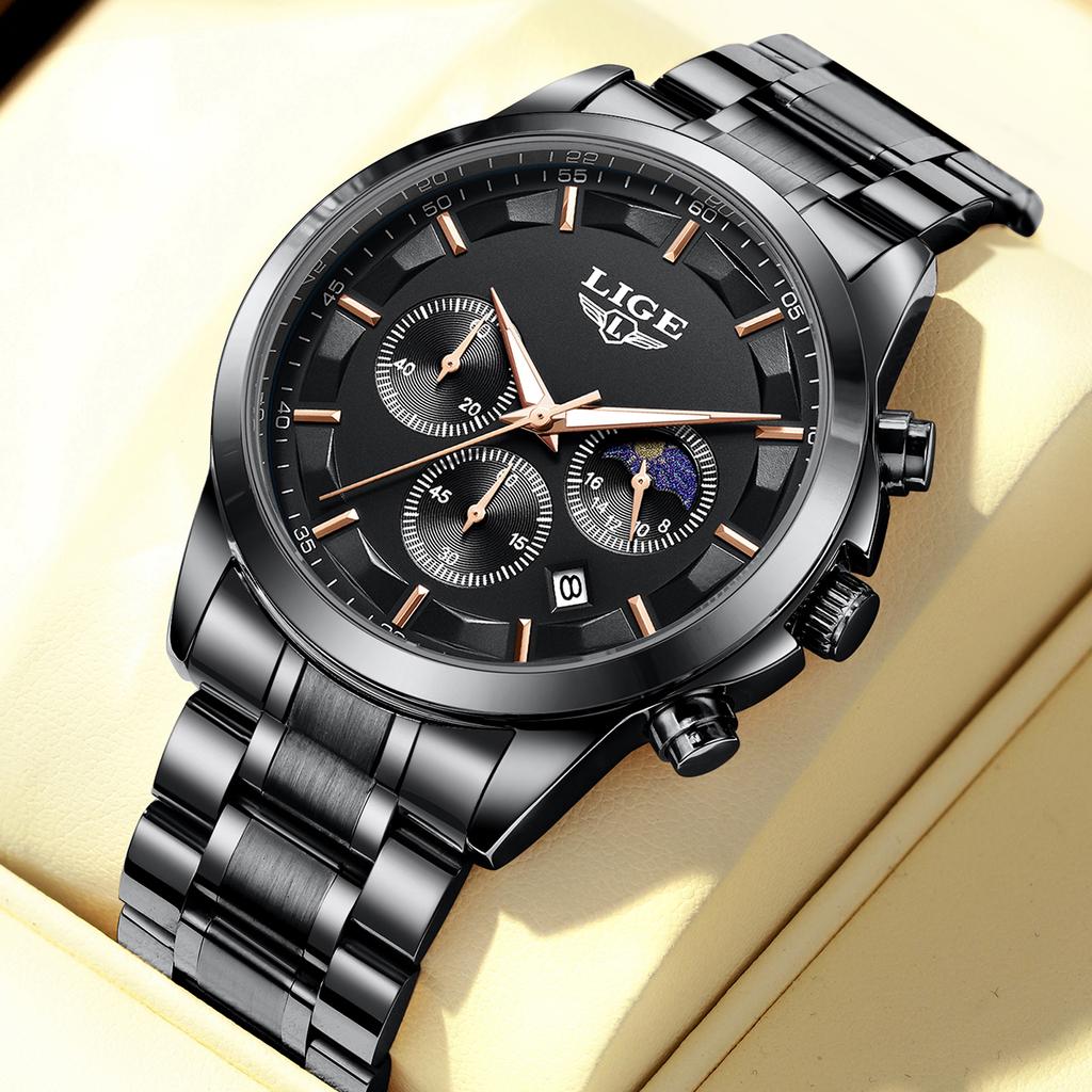 LIGE Business Watches Mens Top Brand Luxury Quartz Wristwatch 3Bar Waterproof Chronograph Luminous Watch for Gentleman Gift+Box