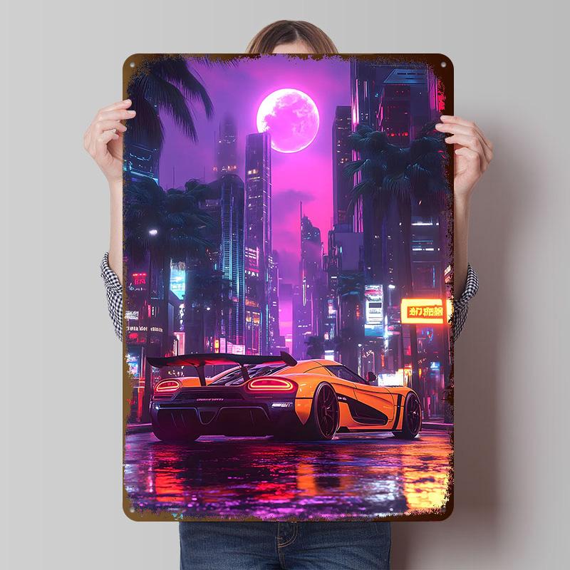 Luxury Sport Car Neon City Nightscape Tinplate Poster Customized Wall Art Vintage Metal Signs Retro Tin Plaque for House Home