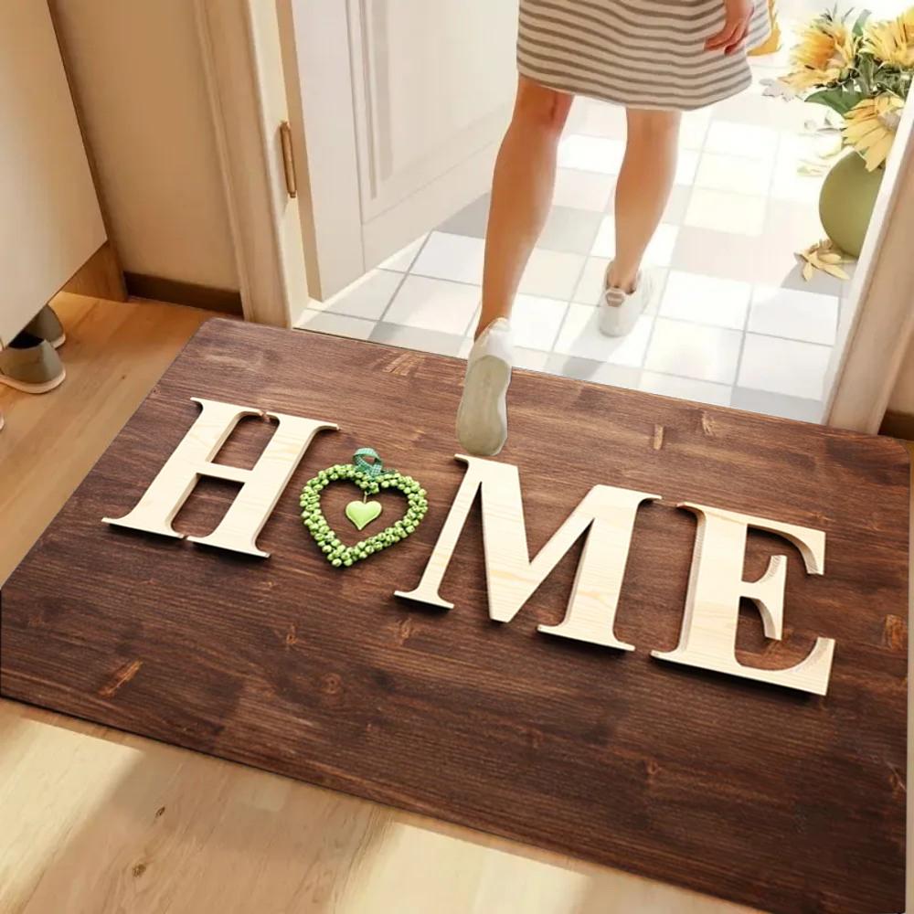HOME Letter Print Door Mat Brown Retro Wood Grain Print Non-slip Entryway Rug Absorbent Mat Home Decor Rug for Front Door Porch