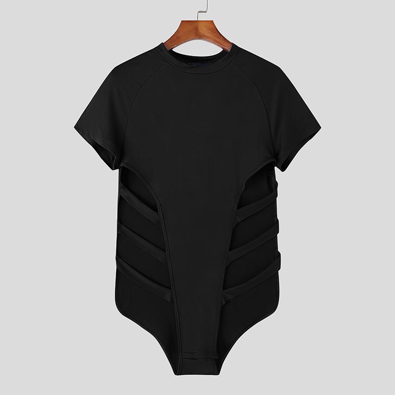 INCERUN Men Short Sleeve Hollow Bandage Fitted Jumpsuits Romper Homewear