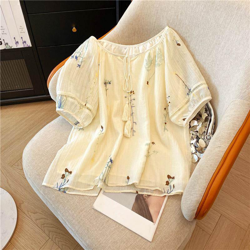 Short-sleeved Shirt Women Summer Loose Thin Flowers Printed Round Neck Tie Blouse Top