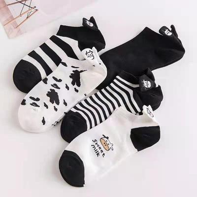 Black White Spring Summer Super Thin Boat Socks Women's Socks Striped Cow Socks Ankle Short Socks