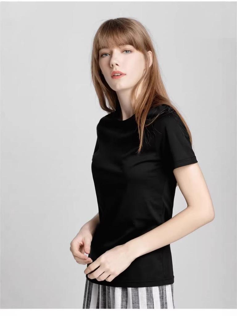 2026 Luxury Women's Double-sided Mercerized Cotton T-shirt, 230g, Short Sleeve, White, Versatile Round Neck for Summer