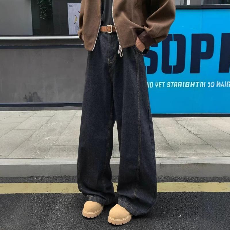 Mens Loose Straight Wide Leg Vintage Washed Casual High Street Denim Long Pants