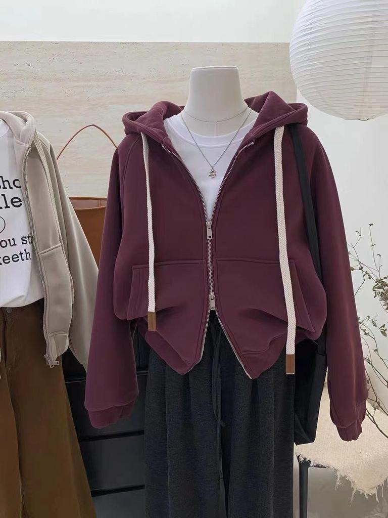 Women's Vintage Fleece-Lined Zip-Up Sweatshirt with Heart Embroidery, Double Zipper, Thick Hood, Loose Fit