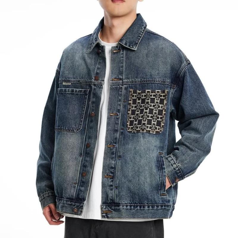 Men's Autumn Patchwork Denim Jacket: Precision Embroidery, Loose Fit, Plus Size Workwear Design.