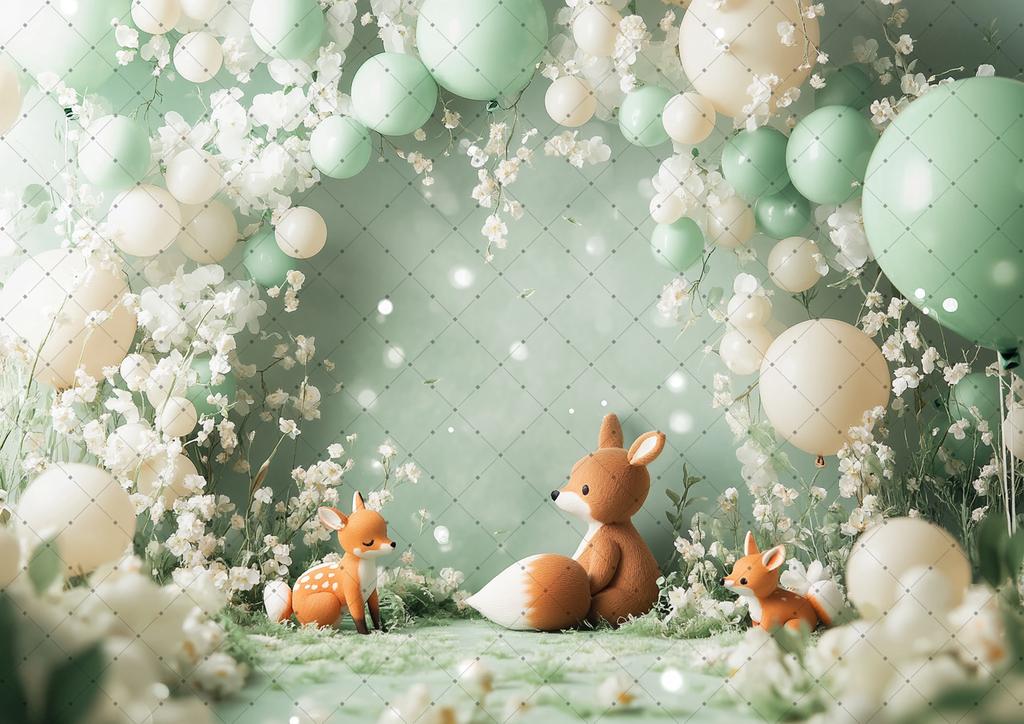 Photography Background Jungle Wildlife Fox Bear Balloon Decoration Kids Birthday Party Cake Smash Photo Background Banner