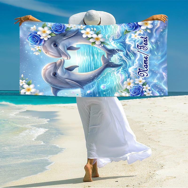 1PC Custom Name Dolphins Heart Shape Beach Towel Highly Absorbent And Sand-Resistant Towel for Swimming, Pool, Yoga, And Travel Lightweight