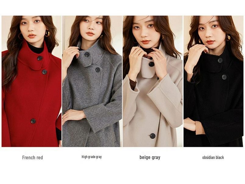 Women's Extra Long Stand Collar 100% Wool Coat - Double-Faced, Loose Fit, Fashionable Autumn/Winter Wear