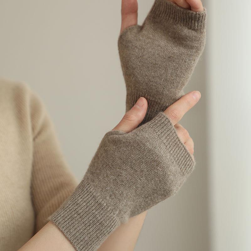 Women's 100% Pure Cashmere Half-Finger Gloves: Fingerless, Plain Knit, Warm and Cozy for Autumn/Winter