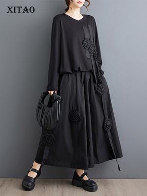 Pantaloni larghi casual neri impostano la maglietta con decorazione floreale due pezzi WLD20240