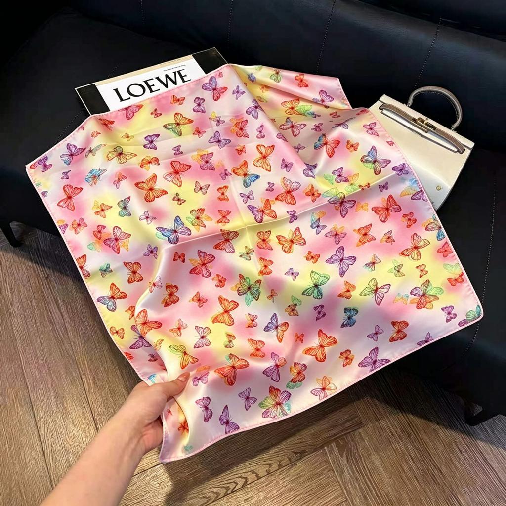71Cm New Chinese Simulation Silk Square Scarf Soft and Skin-friendly Ink Flower Rhyme Printing Silk Scarf Neck Sunscreen Small Scarf