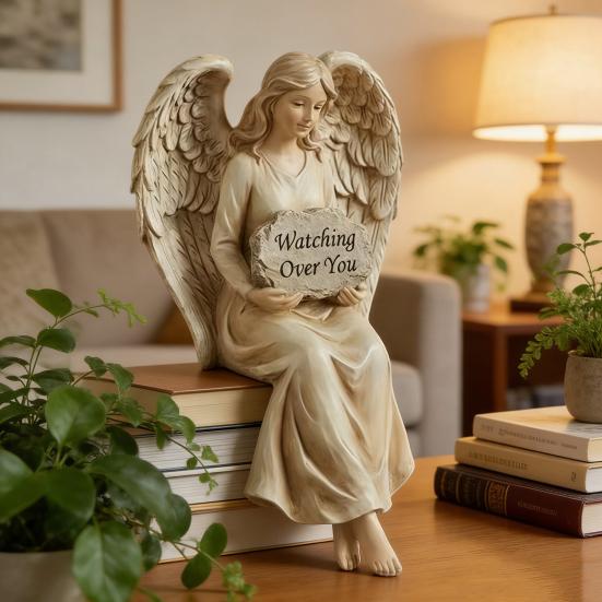 Schutzengel Regal-Sitzer Passt auf dich auf Engelsfigur Handbemalt Sitzender Engel Harzstatue Skulptur Heim- und Bürodekoration