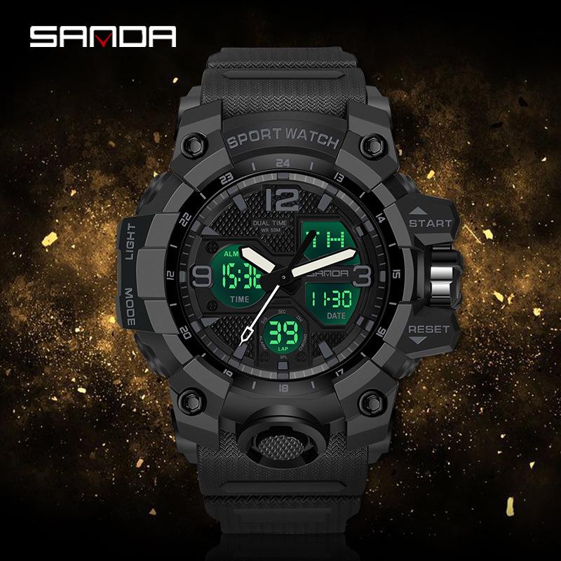 Sanda Fashion Waterproof Dual-Display Sports Watch with Luminous Features for Teens