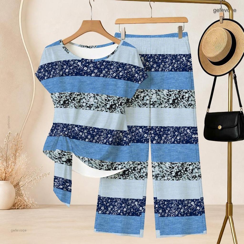 Women Plus Size Two Piece Pants Set Round Neck Short Sleeve Striped Printed Knot Hem Top Long Pants