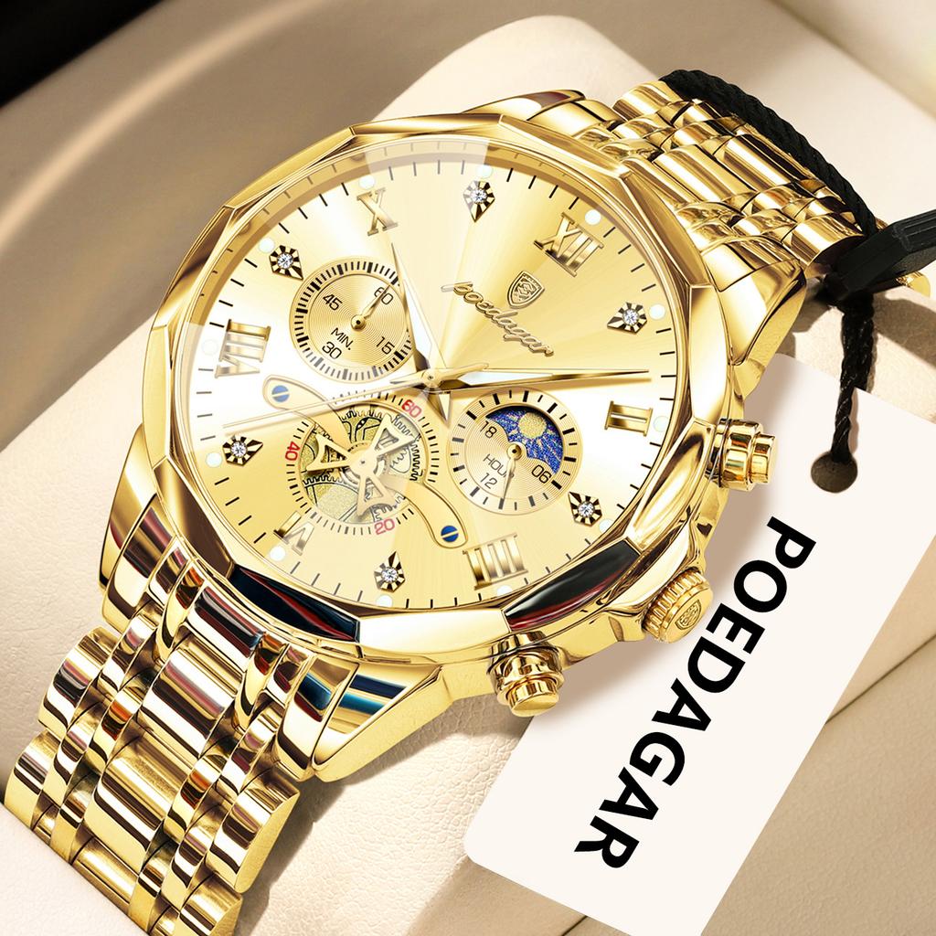 POEDAGAR Original Luxus Herrenuhr Wasserdicht Leuchtend Chronograph Armbanduhr Edelstahl Quarzuhren für Mann Reloj