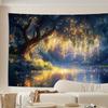Glowing Tree Tapestry, Fireflies over River at Night, Magical Forest Landscape Wall Hanging for Bedroom Living Room Home Decor