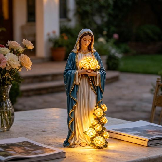 Blessed Mother Garden Light Statue with Flower USB Lamp Ornament Weather-Resistant Glowing Rose Decorative Lamp for Outdoor