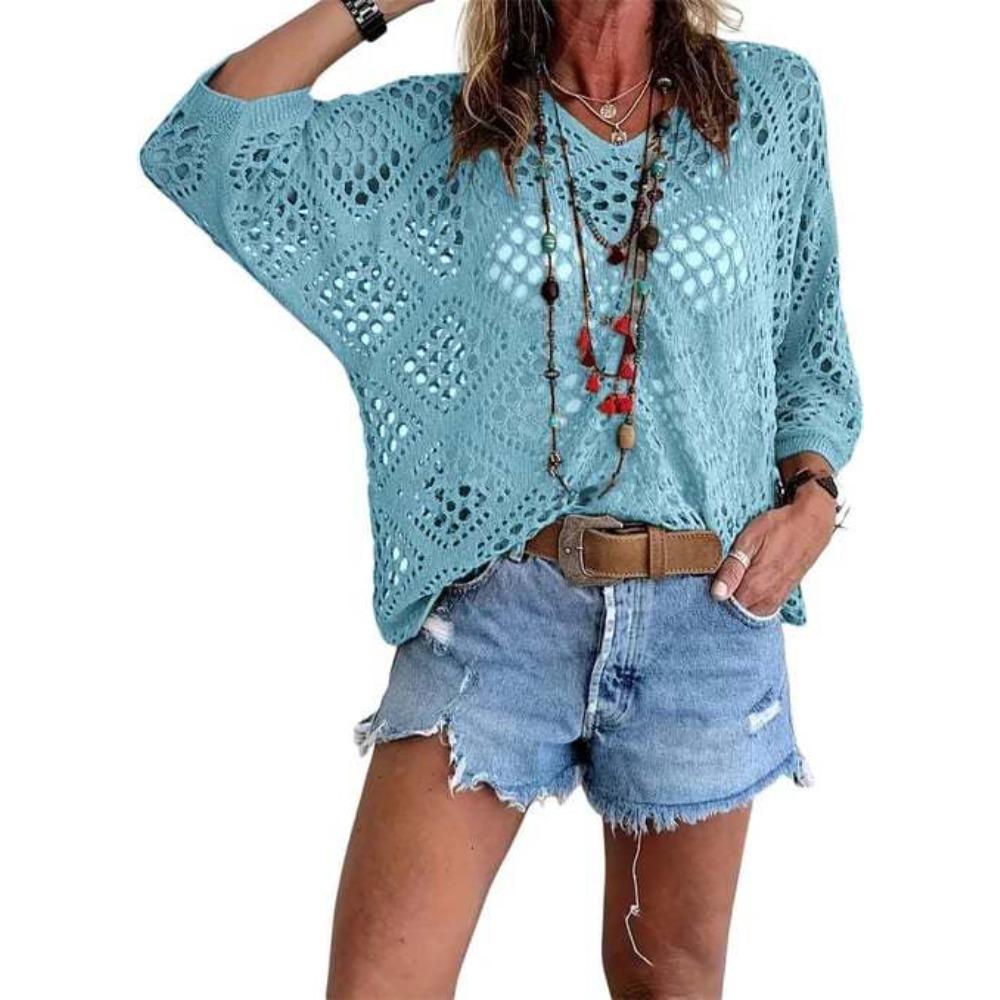 Women Spring Summer V-neck Diamond Hollow Out Batwing Sleeve Knit Sweater Loose Cover Up Blouse