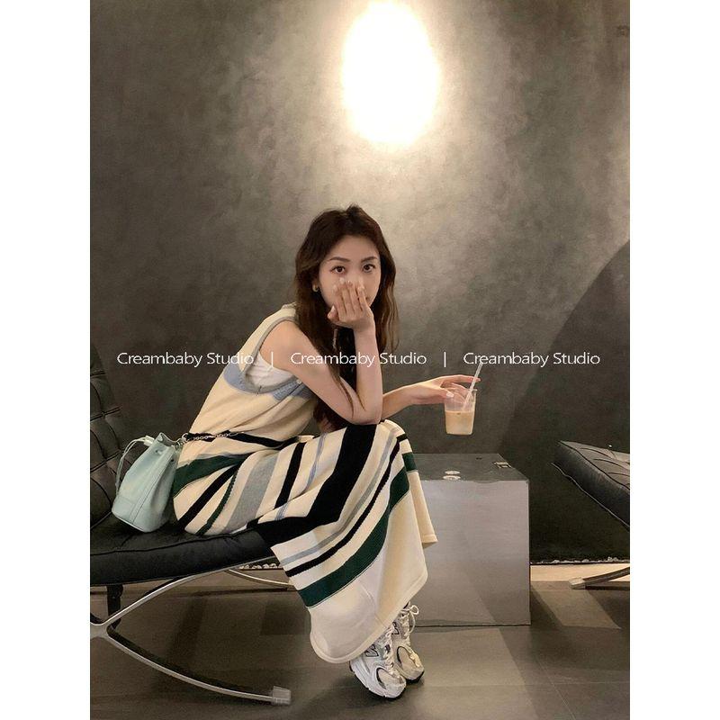 Creambaby Studio Contrast Color Striped Slimming Tank Top Dress Women s Summer Beautiful Little Dress Striped Contrast Color S