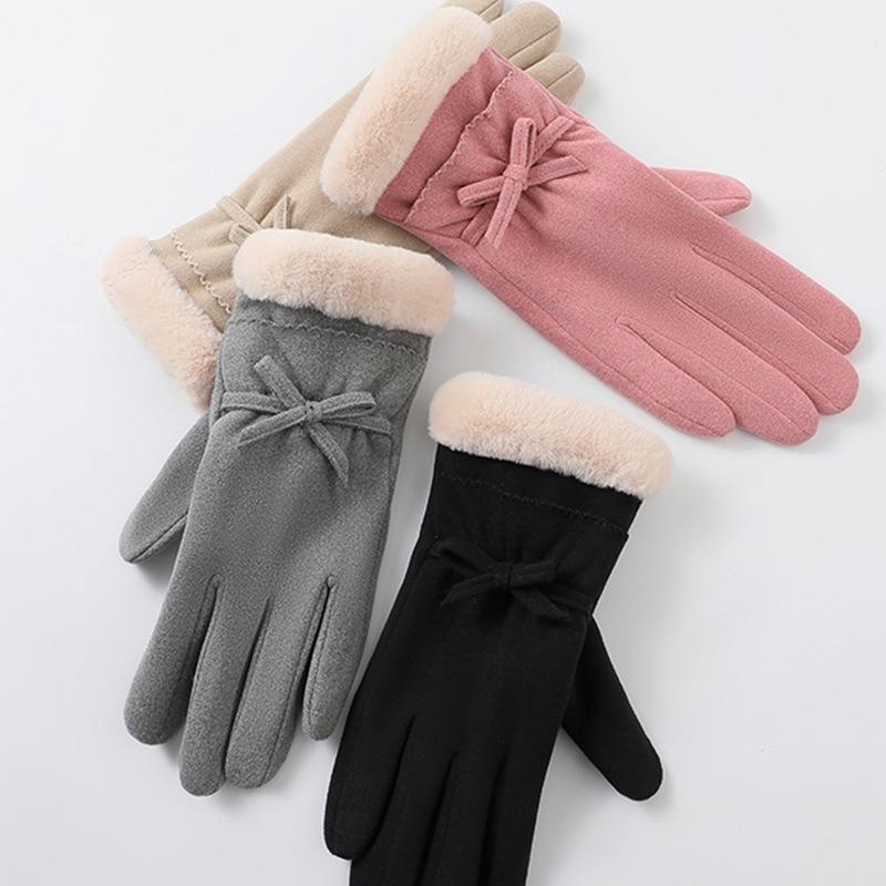 Warm gloves autumn and winter women's German velvet bow outdoor riding driving velvet thickened cold-proof touch screen gloves