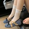 Fashion Women's Ballet Shoes 2025 High Quality Denim Mary Janes Fashion Bow Cross Tied Buckle Designer Flats Comfy Soft Sole Women Shoes