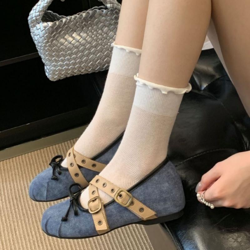 Fashion Women's Ballet Shoes 2025 High Quality Denim Mary Janes Fashion Bow Cross Tied Buckle Designer Flats Comfy Soft Sole Women Shoes