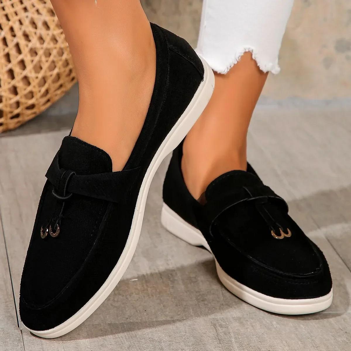 

Модные женские лоферы больших размеров 43, повседневная обувь для женщин, слипоны, женские балетки, брендовая плоская обувь, кожа, кашемир, одинарная обувь для женщин 36 чёрный