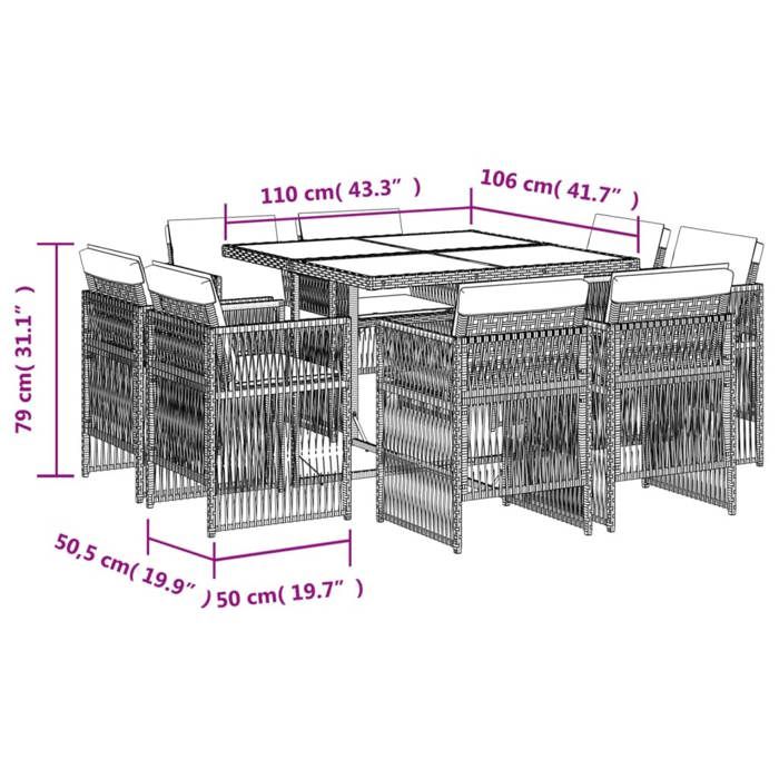 VidaXL Ensemble à Manger de Jardin avec Coussins 9 pcs, Table et Chaises à Dossier Rabattable, Meubles d'Extérieur Patio 3211014