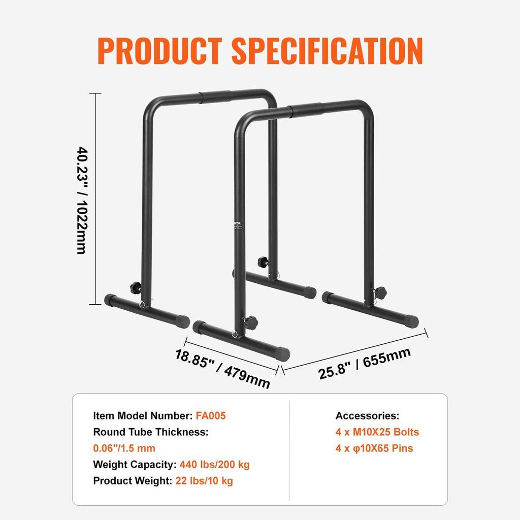 Dip Bars, 440 Lbs Capacity, Heave Duty Dip Stand Station with Adjustable Height, Fitness Workout Dip Bar Station Stabilizer Parallette Push Up Stand,
