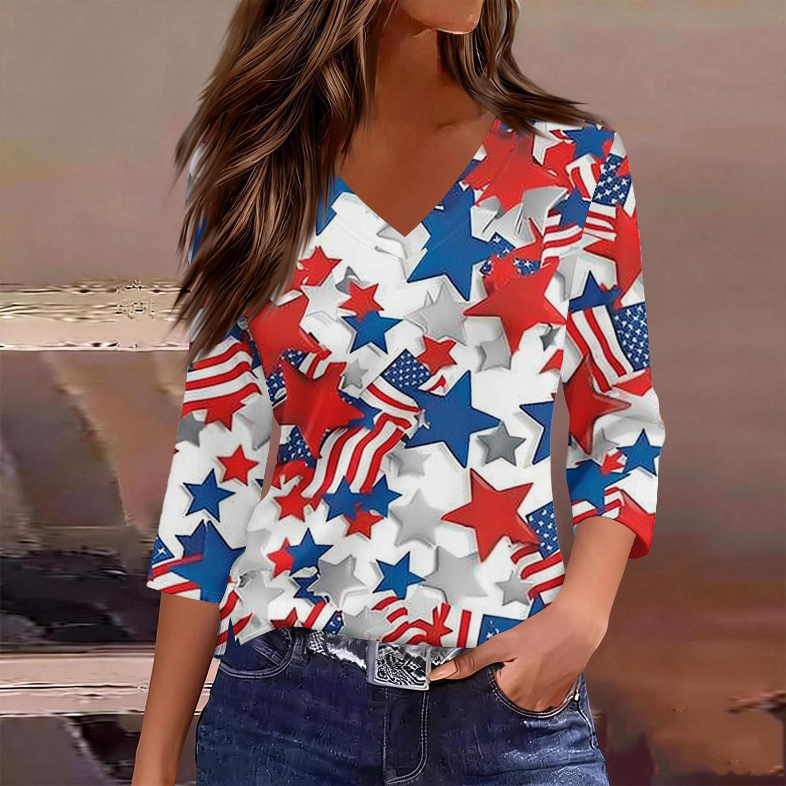 Long Sleeve Shirts for Women V Neck Star Print Womens Long Sleeve Tops Casual Long Sleeve T Shirt Women Soft Fabric Long Sleeve Tops for Women XXXL синий