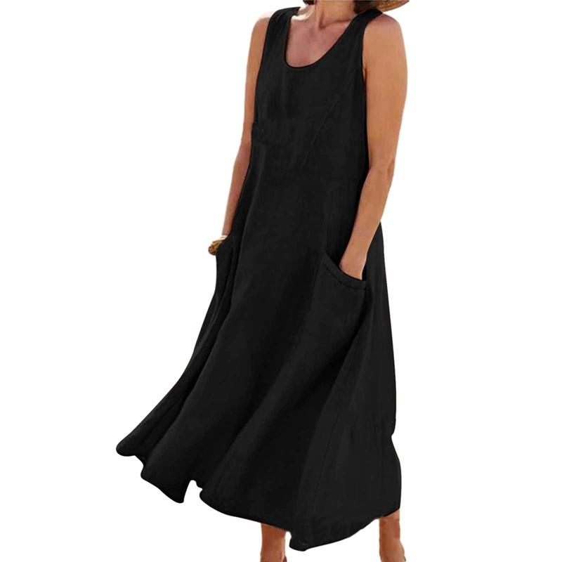 Women Summer Solid Color Crew Neck Sleeveless Cotton Linen Dress Loose Casual Long Dress