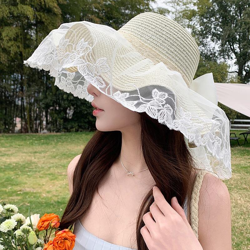 Summer Bow Sun Hat Female, Seaside Beach Vacation Sun Hat Outdoor Big Brim Sun Hat Sweet Straw Hat