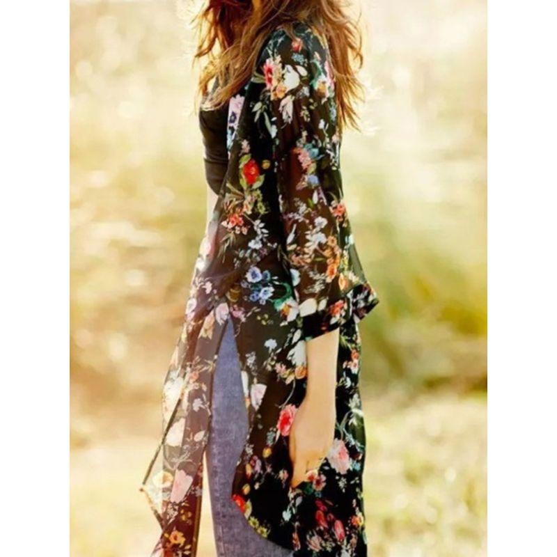Plus Size Sweet Small Floral Print Half Sleeve Seaside Sun Protection Clothing